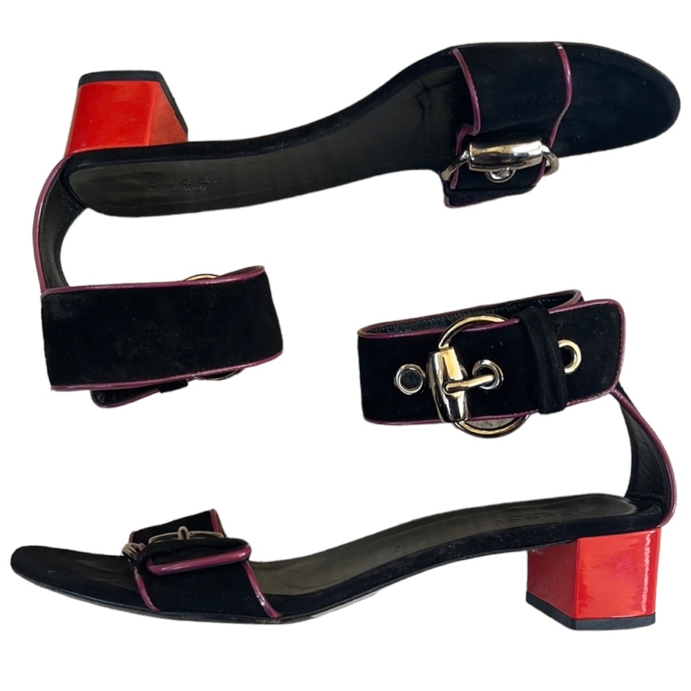 Gucci Leather Colorblock Sandals Black Purple Trim Red Heel Spring 2007 Size 7.5